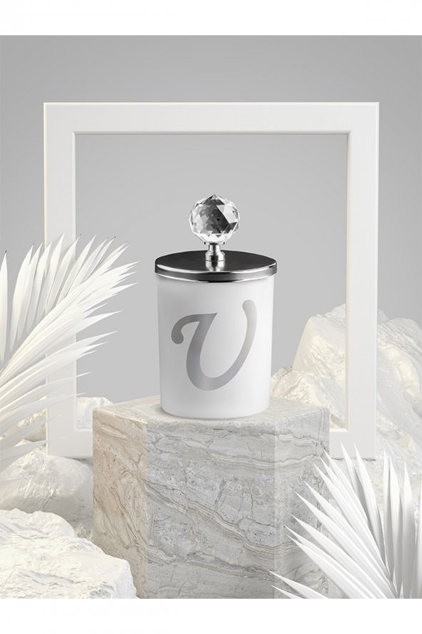 Tiem Concept Özel Tasarım U Harfli Vanilya Kokulu Gümüş Kristal Tepelikli Beyaz Bardak Mum