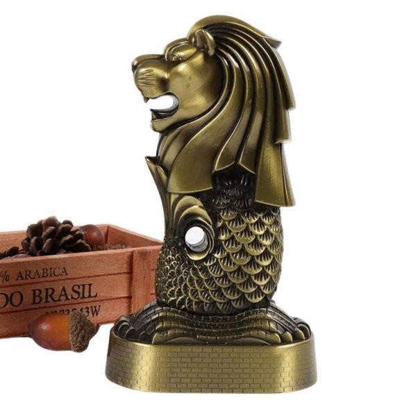 Vintage Metal Singapur Merlion Biblo Antik Bronz 16 cm - Resim 2