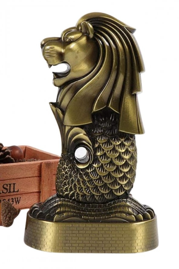 Vintage Metal Singapur Merlion Biblo Antik Bronz 16 cm - Resim 7