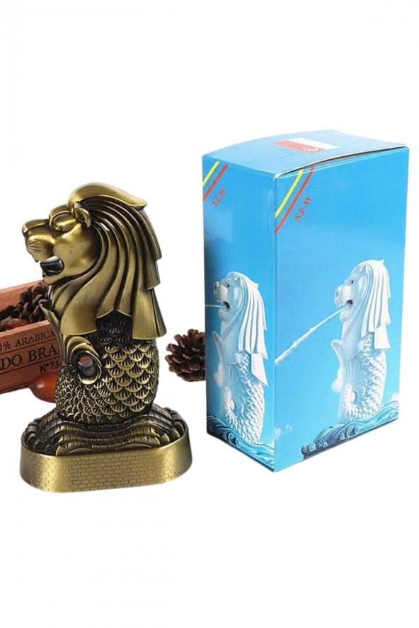 Vintage Metal Singapur Merlion Biblo Antik Bronz 16 cm - Resim 10