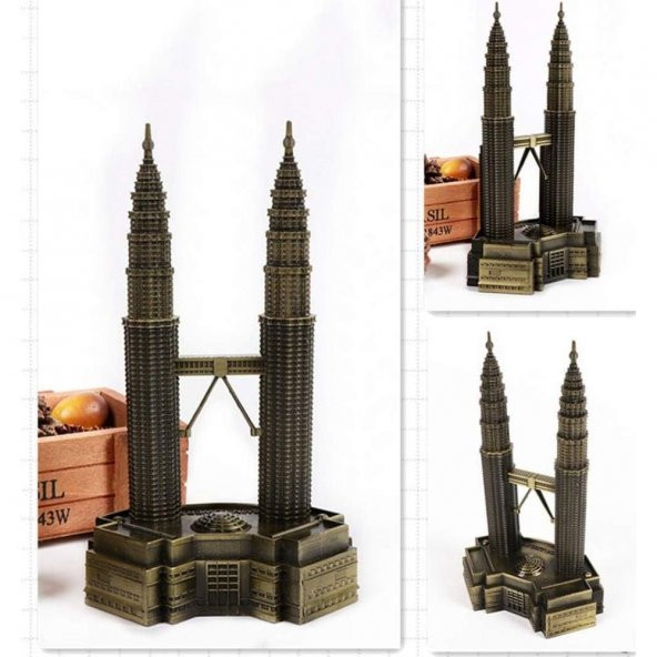 Vintage Metal Malezya Twin Towers Biblo Antik Bronz 18 cm - Resim 4