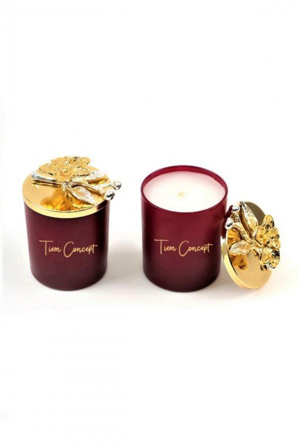 Tiem Concept Dekoratif Özel Tasarım Gold Dallı ÇiçekTepelikli Amber Kokulu 2li Bordo Bardak Mum Seti
