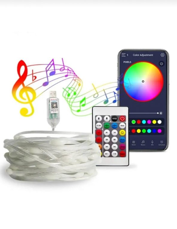 10 Metre Rgb Led Sese ve Müziğe Duyarlı Bluetooth Özellikli Tak Çalıştır Set