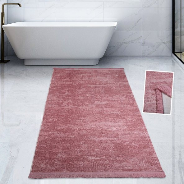 Bonny Home Nova Pembe 80X150 cm Pamuk Kaymaz Taban Peluş Banyo Paspası Büyük Püsküllü Banyo Halısı