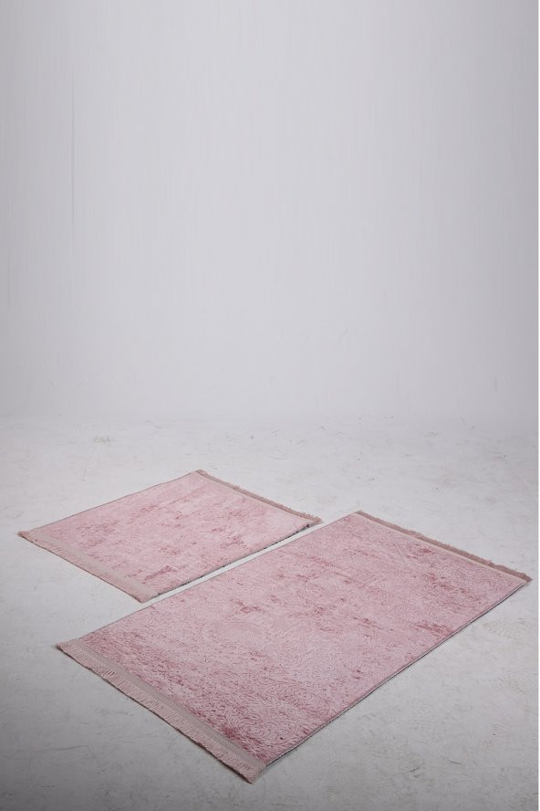 Bonny Home Nova Pembe 2li Pamuk Kaymaz Klozet Takımı Saçaklı Yıkanabilir Banyo Paspası Seti - 3