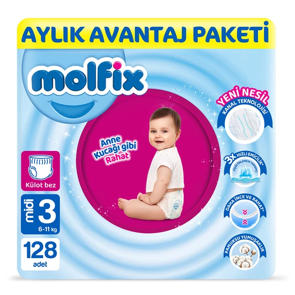 Molfix Pants Bebek Bezi 3 Beden Midi Aylık AvantajPaketi 128 Adet