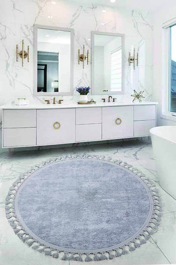 Nova Gri Yuvarlak 120x120 Cm Ponpon Saçaklı Kaymaz Tabanlı Makinede Yıkanabilir Banyo Paspası