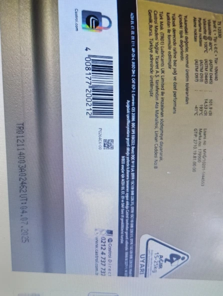 CASTROL VECTON E8 - E11 10W-40 20 LT 7.AY 2025 üretim - Resim 3