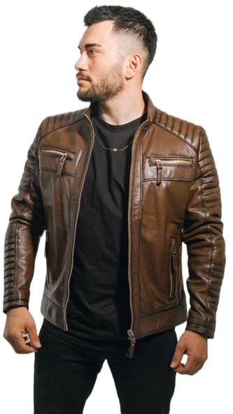 Deri Mont Taba Rengi Erkek Ceket Hakiki Kuzu Derisi Büyük Beden Brad Taba 7XL