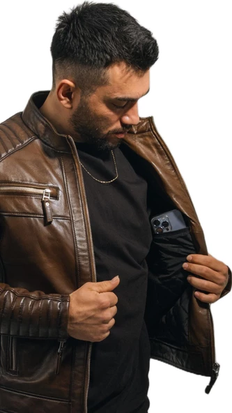 Deri Mont Taba Rengi Erkek Ceket Hakiki Kuzu Derisi Büyük Beden Brad Taba XS - 5