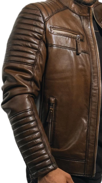 Deri Mont Taba Rengi Erkek Ceket Hakiki Kuzu Derisi Büyük Beden Brad Taba 4XL - 8