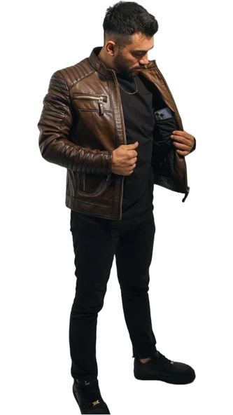 Deri Mont Taba Rengi Erkek Ceket Hakiki Kuzu Derisi Büyük Beden Brad Taba 5XL - 4