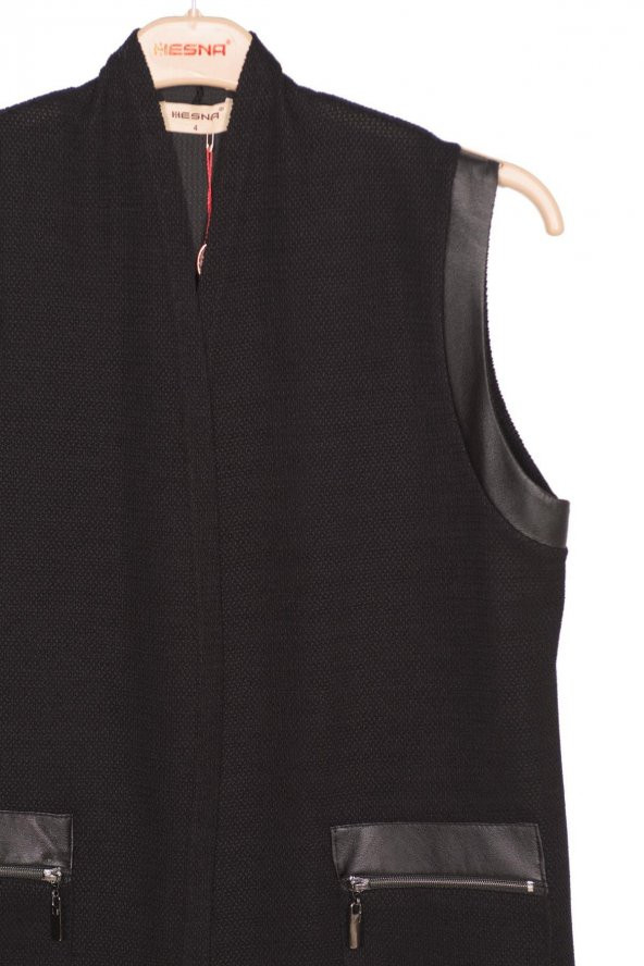 Hesna Kadın Deniz Şönil Derili Fermuar Detaylı Siyah Yelek - Resim 2