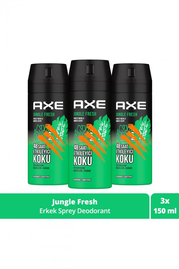 Axe Erkek Sprey Deodorant Jungle Fresh 48 Saat Etkileyici Koku 150 Ml X3 Adet