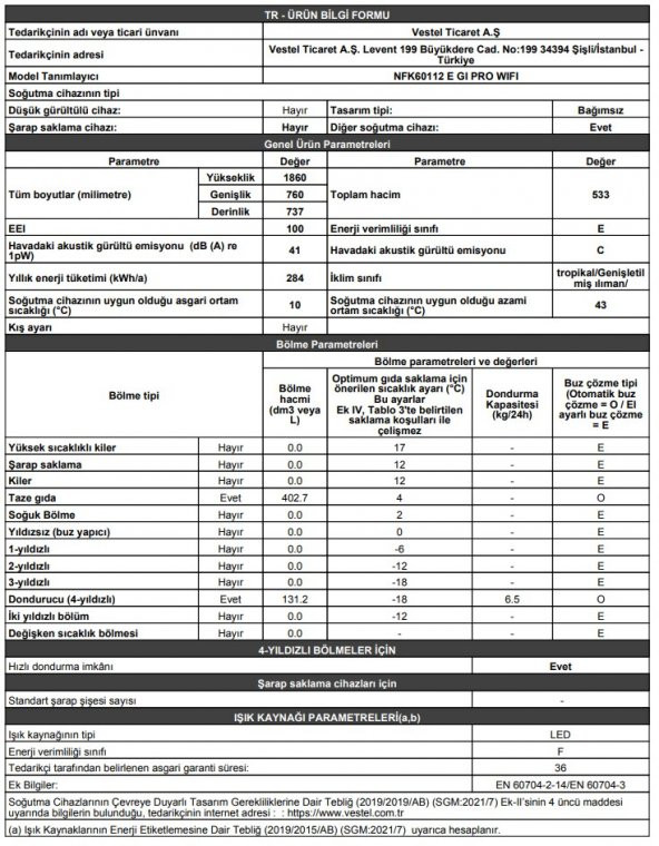 Vestel NFK60112 E GI PRO WIFI 533 Lt No-Frost Buzdolabı - 8