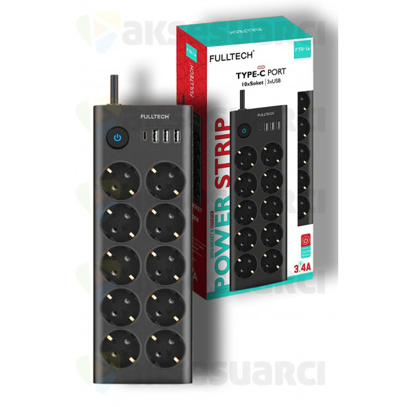 Type-C Port Girişli Akım Korumalı 10'lu Priz, 3 USB, 1 Type-C Giriş, Isıya Dayanıklı, FTR-14