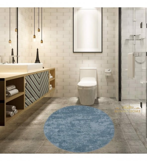 Bonny Home Nova Mavi 120x120 cm Yuvarlak Kaymaz Pamuk Taban Peluş Banyo Paspası Banyo Halısı