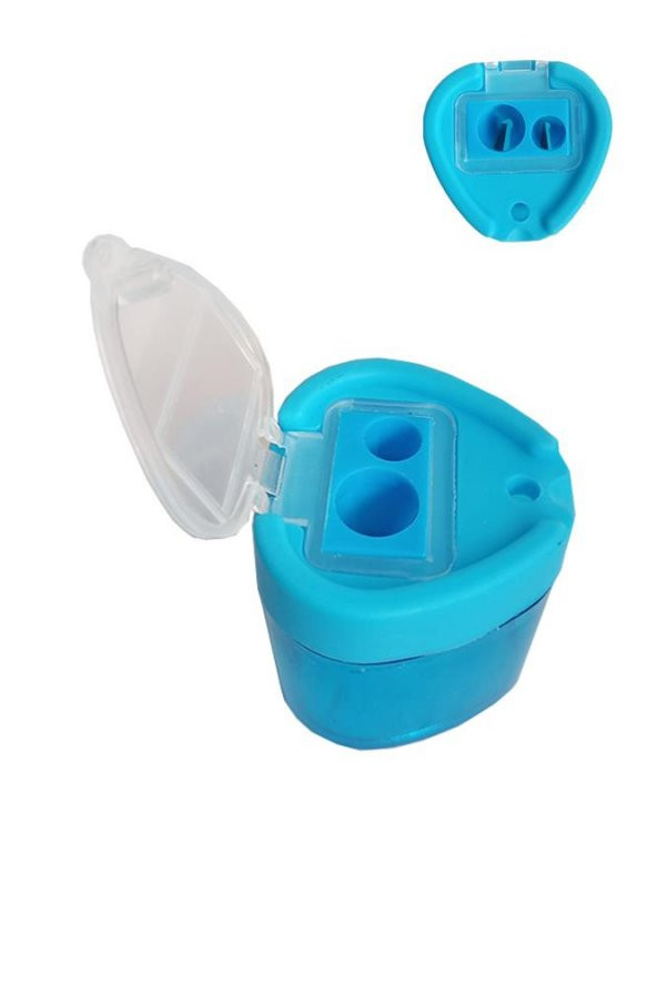 Kalemtraş Çift Gözlü Üçgen Mavi 1 Adet Hazneli Kalemtraş Canlı Renkler Standart Kalem Açacağı Jumbo Kalem Açacağı - 3