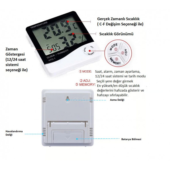 DİJİTAL TERMOMETRE NEM VE ISI ÖLÇER SAAT GÖSTERGELİ - 3
