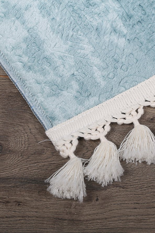 Nova Mavi 60x100 + 50x60 cm 2li Köşeli Ponpon Saçaklı Banyo Halısı Kaymaz Yıkanabilir Paspas Seti - 2