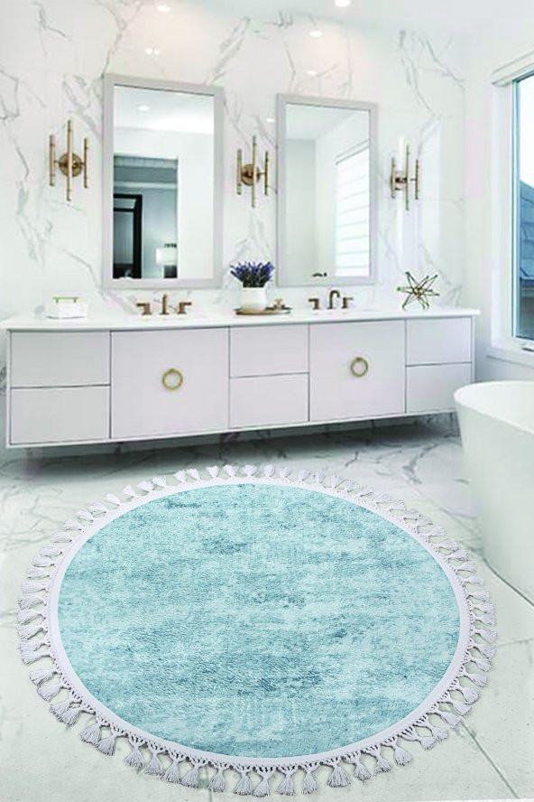 Nova Mavi Yuvarlak 120x120 Cm Ponpon Saçaklı Kaymaz Tabanlı Makinede Yıkanabilir Banyo Paspası