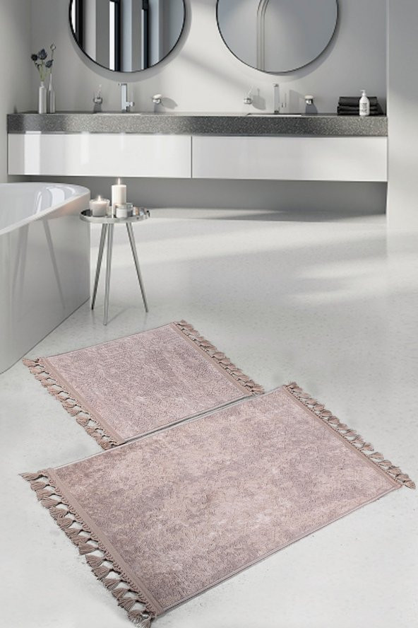 Nova Kahve 60x100 + 50x60 cm 2li Köşeli Ponpon Saçaklı Banyo Halısı Kaymaz Yıkanabilir Paspas Seti