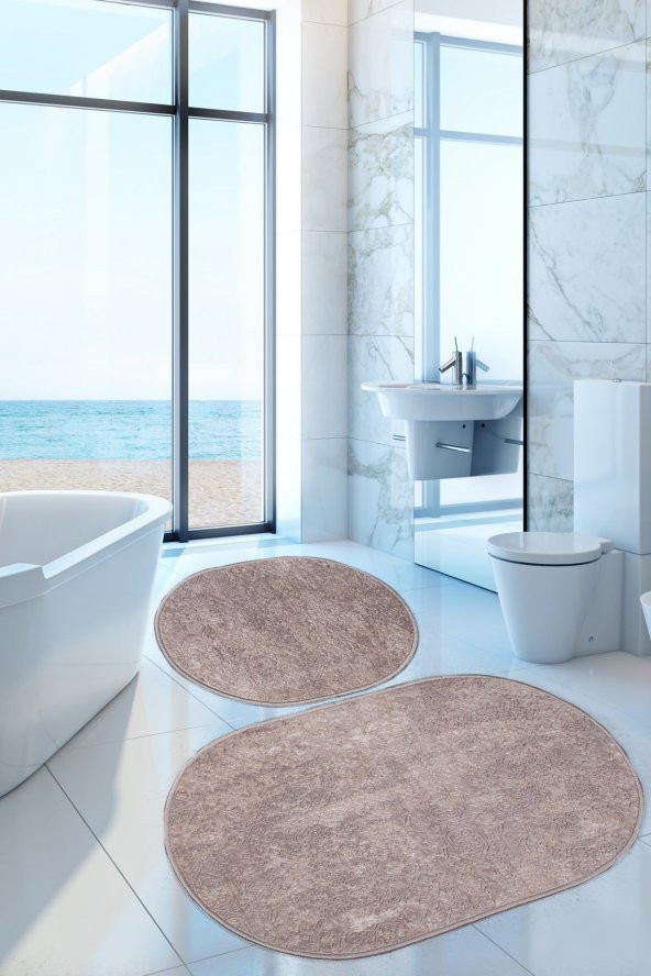 Nova Kahve Oval 60x100 + 50x60 cm 2li Banyo Paspası Seti Kaymaz Tabanlı Yıkanabilir Klozet Takımı