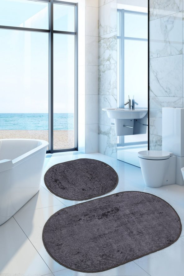 Nova Antrasit Oval 60x100 + 50x60 cm 2li Banyo Paspası Seti Kaymaz Tabanlı Klozet Takımı