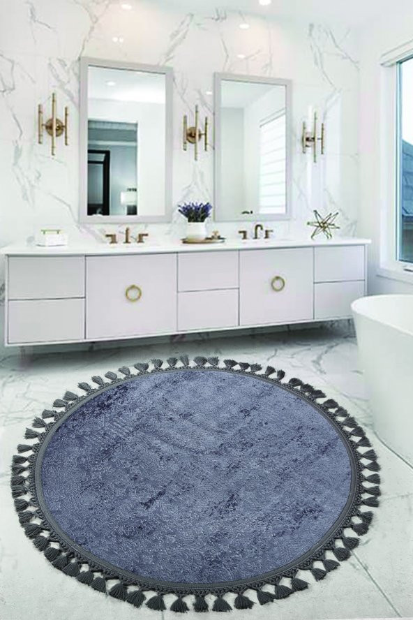 Nova Antrasit Yuvarlak 160x160 Cm Ponpon Saçaklı Kaymaz Tabanlı Makinede Yıkanabilir Banyo Paspası