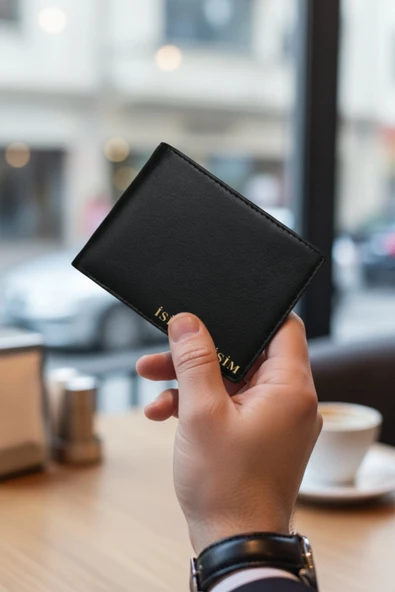 Deri Cüzdan Kişiye Özel İsim Basklı-9 Kart-Bozuk Para Bölmeli Kelebek Model Siyah Cüzdan - 6