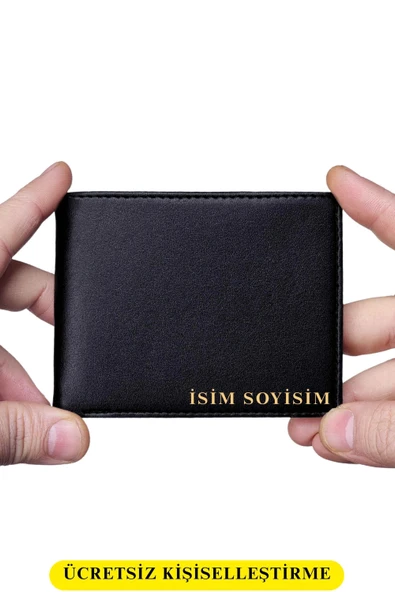 Deri Cüzdan Kişiye Özel İsim Basklı-9 Kart-Bozuk Para Bölmeli Kelebek Model Siyah Cüzdan