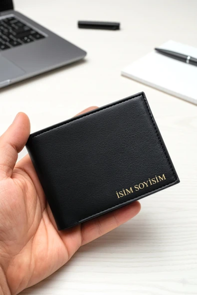 Deri Cüzdan Kişiye Özel İsim Basklı-9 Kart-Bozuk Para Bölmeli Kelebek Model Siyah Cüzdan