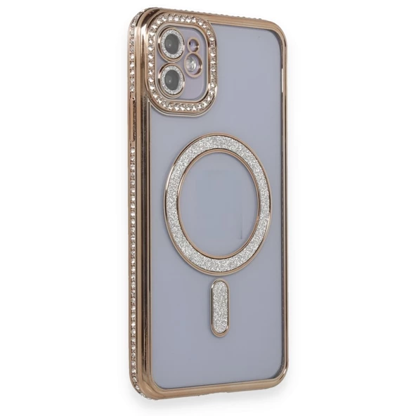 Apple iPhone 11 için Magsafe ile uyumlu Kılıf Simli Kamera Kenar Taşlı Kapak - Resim 3