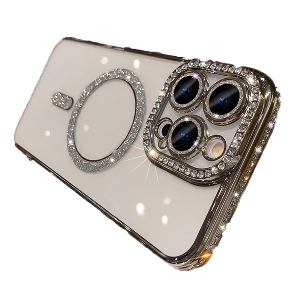 Apple iPhone 11 için Magsafe ile uyumlu Kılıf Simli Kamera Kenar Taşlı Kapak - Resim 12