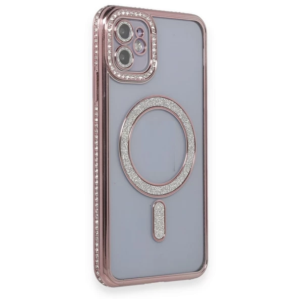 Apple iPhone 11 için Magsafe ile uyumlu Kılıf Simli Kamera Kenar Taşlı Kapak - Resim 4