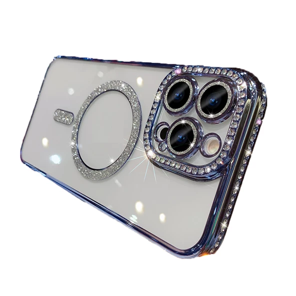 Apple iPhone 11 için Magsafe ile uyumlu Kılıf Simli Kamera Kenar Taşlı Kapak - Resim 9