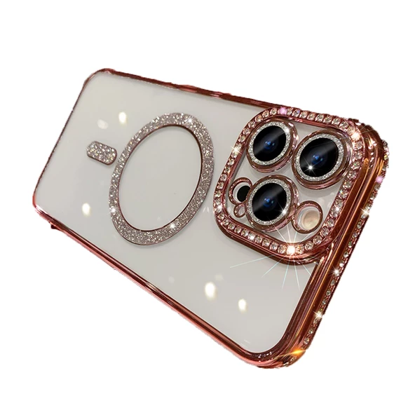 Apple iPhone 11 için Magsafe ile uyumlu Kılıf Simli Kamera Kenar Taşlı Kapak - Resim 8