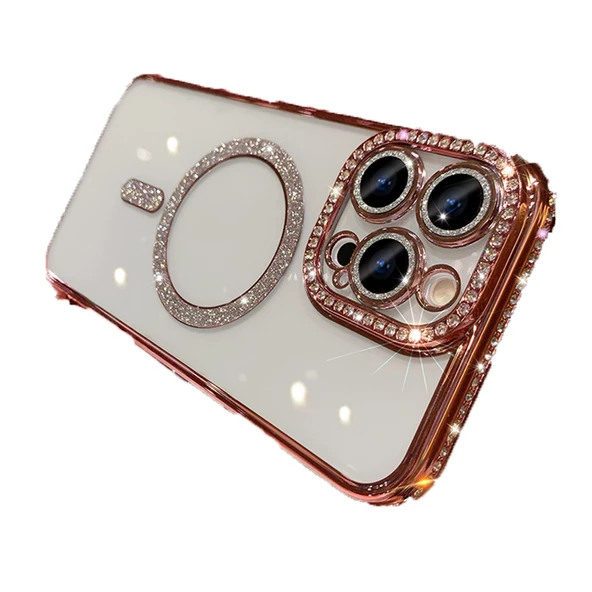 Apple iPhone 11 için Magsafe ile uyumlu Kılıf Simli Kamera Kenar Taşlı Kapak - Resim 11