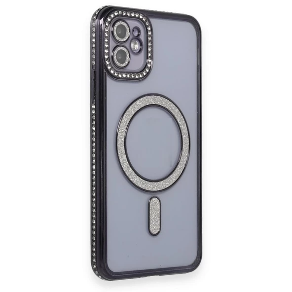 Apple iPhone 11 için Magsafe ile uyumlu Kılıf Simli Kamera Kenar Taşlı Kapak - Resim 2