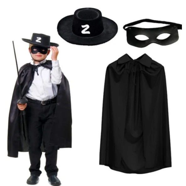 Justcheapstore Zorro Pelerin Şapkası ve Maske Seti Çocuk Boy