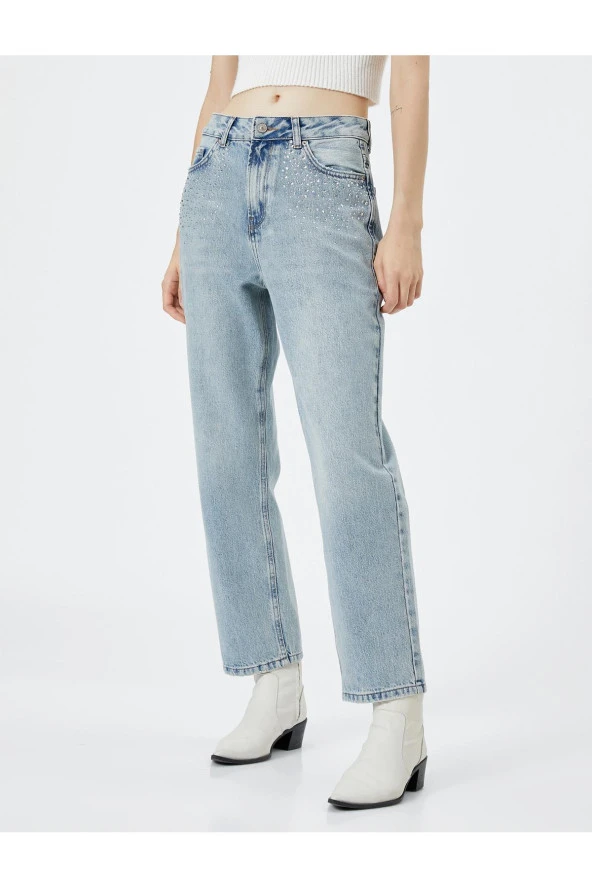 Taş İşlemeli Kot Pantolon Düz Paça - Eve Jeans 4WAL40204MD