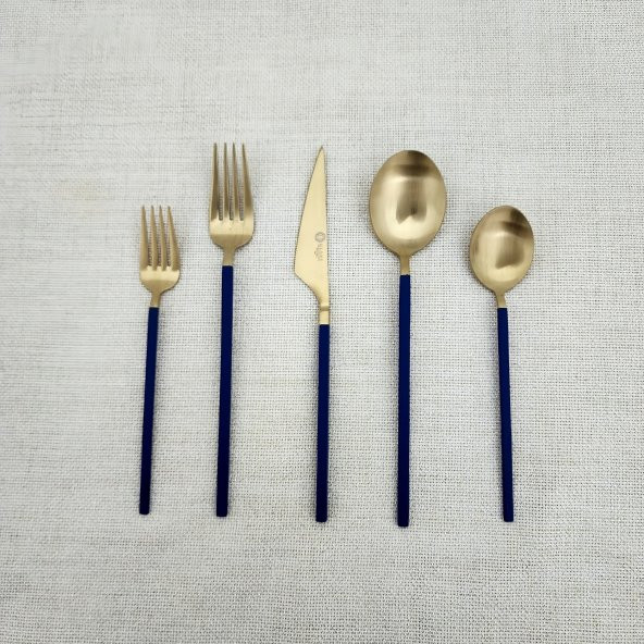 Glore Lizbon 30 Parça 6 Kişilik Çatal Kaşık Bıçak Takımı Gold-Mavi - 2