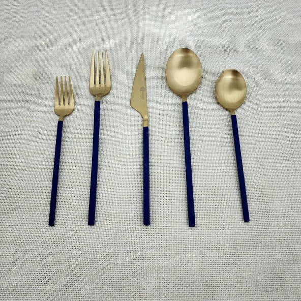 Glore Lizbon 30 Parça 6 Kişilik Çatal Kaşık Bıçak Takımı Gold-Mavi - 4