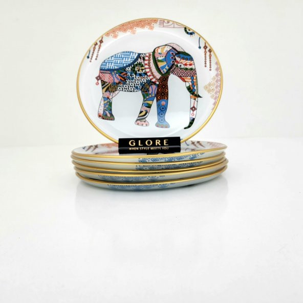 Glore Elephant Altın Yaldızlı Cam Pasta Tabağı Takımı - 6