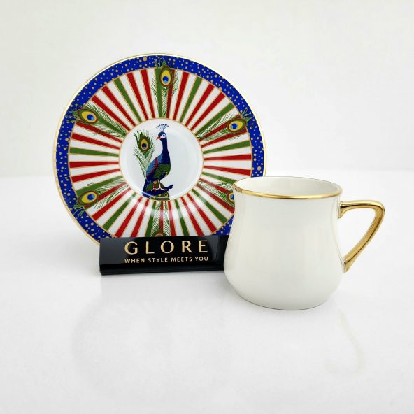 Glore Tavus Kuşu Altın Yaldızlı Kahve Fincan Takımı
