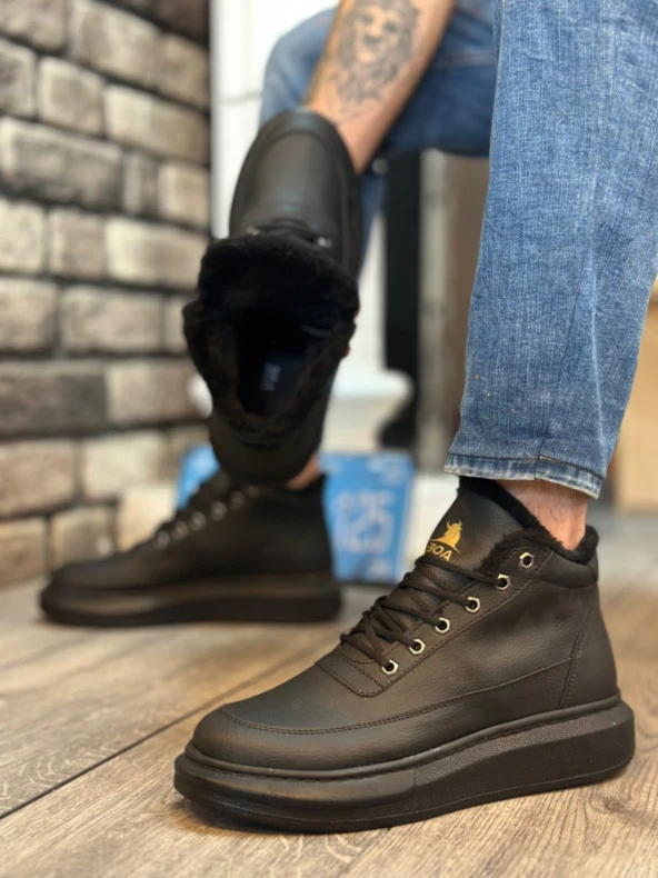 BA0151 İçi Kürklü Bağcıklı Erkek Tarz Siyah Spor Bot - Resim 3