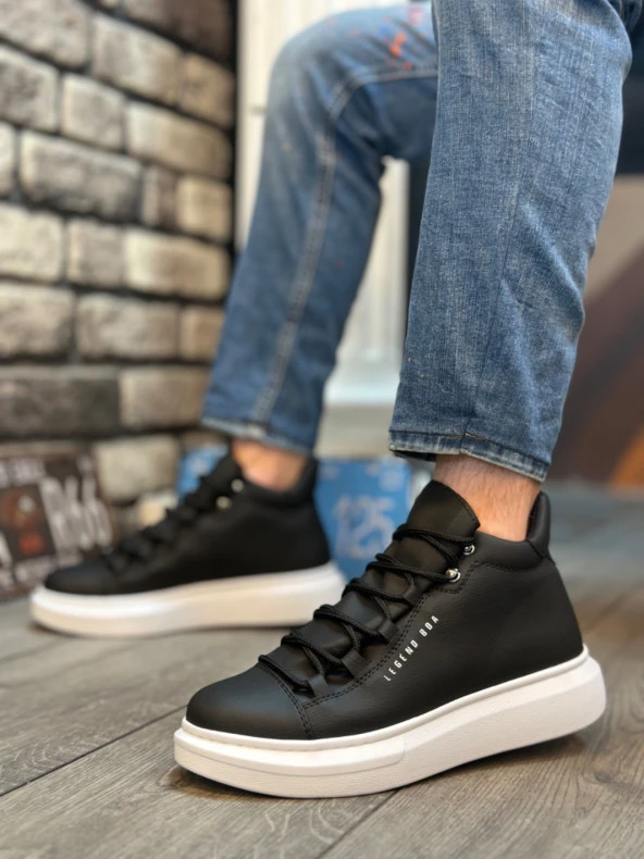 BA0312 Bağcıklı Yüksek Siyah Beyaz Taban Erkek Tarz Spor Bot - Resim 2