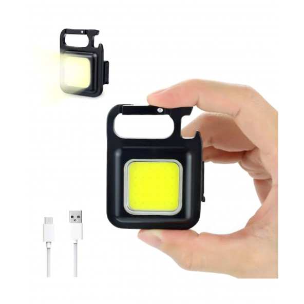 Mini Taşınabilir Anahtarlık El Feneri Şarj Edilebilir İkazlı Beyaz Renk Cob Led - 2