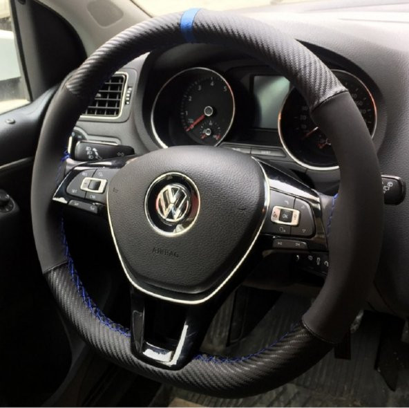 OTO DİREKSİYON KILIFI KARBON ALKANTRA YÜZÜKLÜ MODEL MAVİ DİKİŞLİ ürün görseli 1