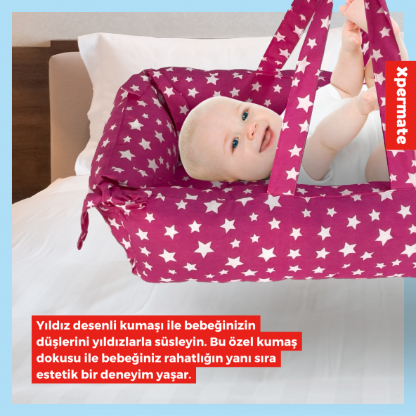 XPERMATE Portbebe Ana Kucağı, Puset Bebek Taşıma Çantası Kundağı 50x70 cm Yıldızlı Pembe - 4